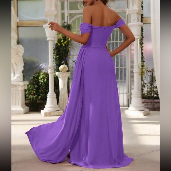 Luxe off shoulder draped hem slit thigh party formal prom wedding gown dress - Picture 16 of 16